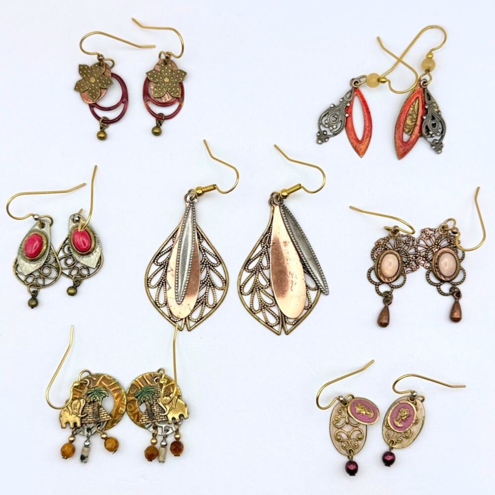 Lot of 7 SILVER FOREST Handcrafted Dangle Earrings Elephant Cameo ++ 18K GP Wire